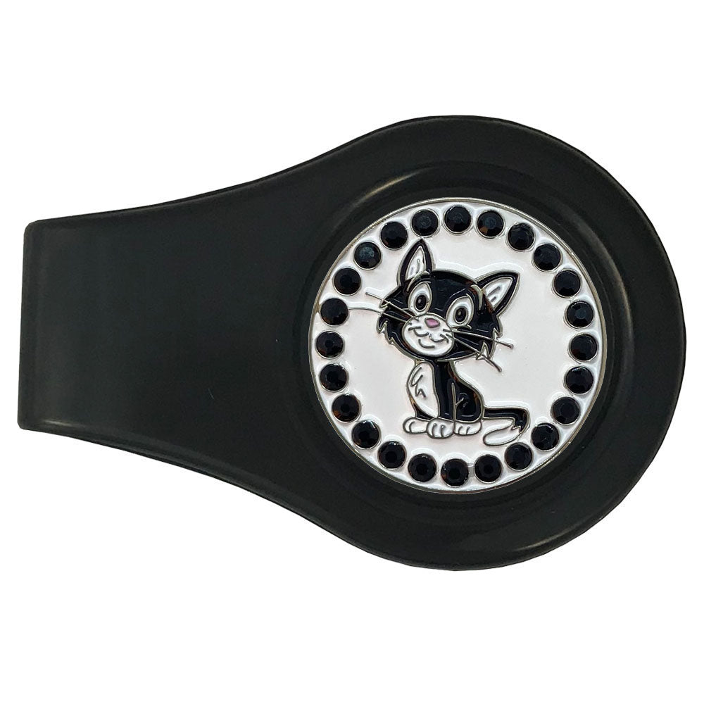 Black clip with cute black and white cat ball marker. Crystal accents make this stylish design a favorite of women golfers