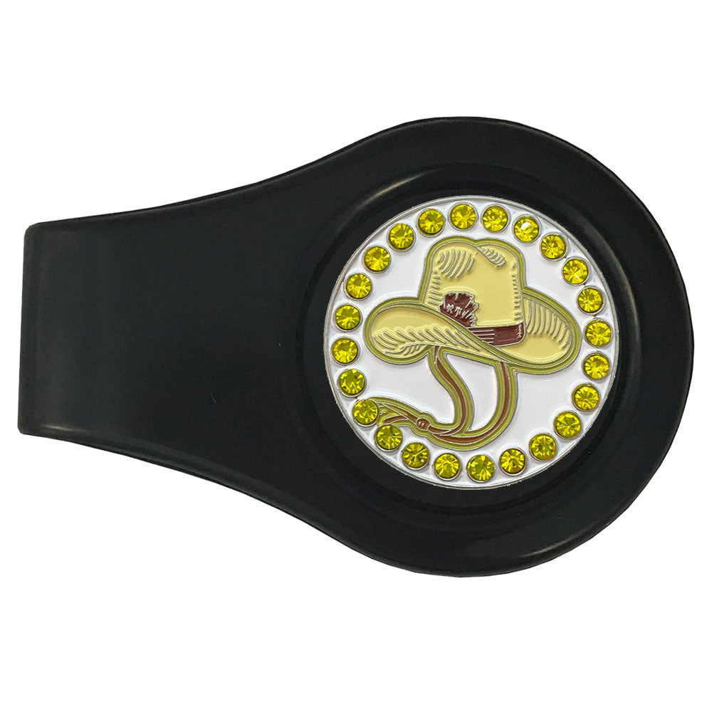 Yellow Cowboy Hat golf ball marker on a black clip. White marker, crystal accents. A cute design for women golfers. Yee-haw