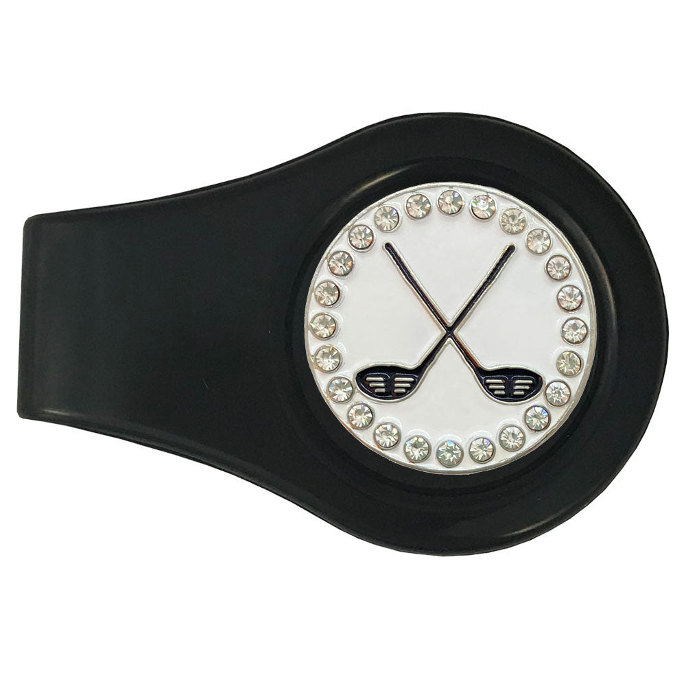 Black Crossed clubs golf ball marker on a black clip. White Background with crystal accents. Cute design for female golfers.