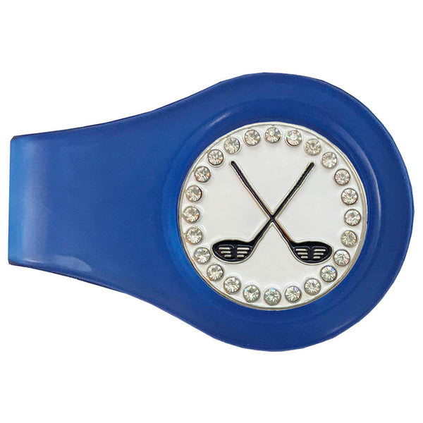 bling crossed clubs golf ball marker with a magnetic blue clip