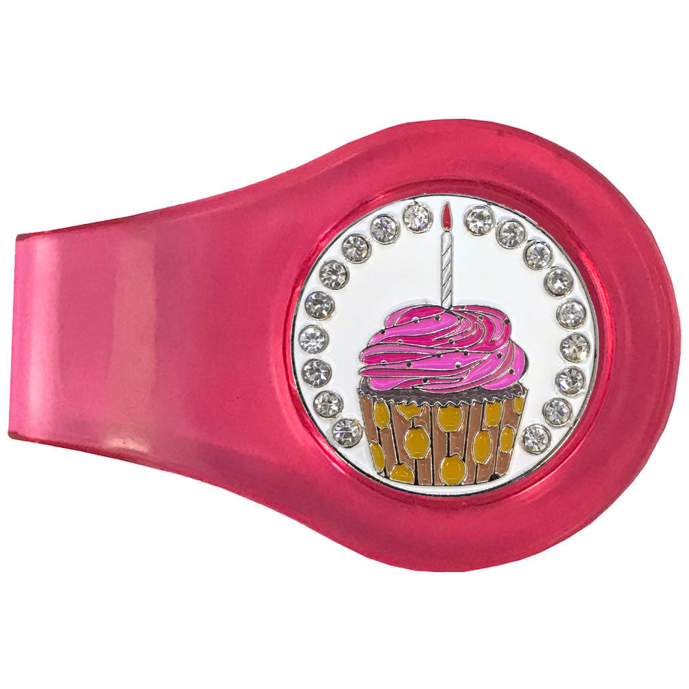 Cupcake golf ball marker on a pink clip. A sparkly design for female golfers with pink frosting, a candle and bling accents.