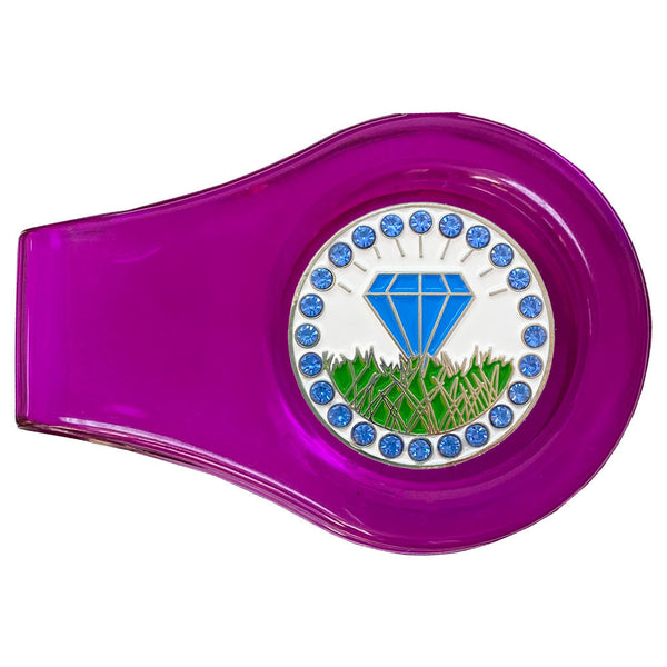 bling blue diamond in the rough golf ball marker on a magnetic purple clip