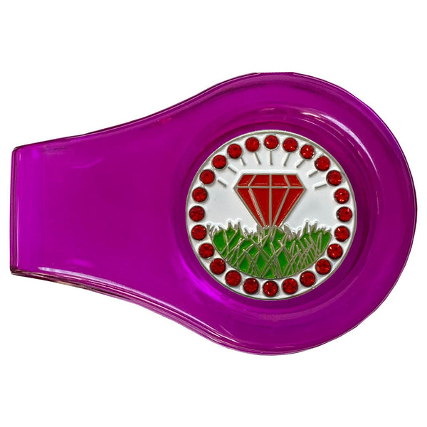 bling red diamond in the rough golf ball marker with a magnetic purple clip