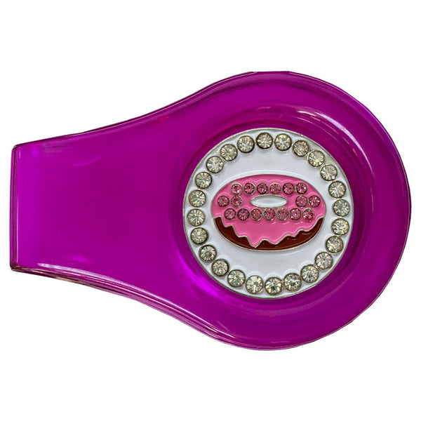 bling pink donut golf ball marker on a magnetic purple clip