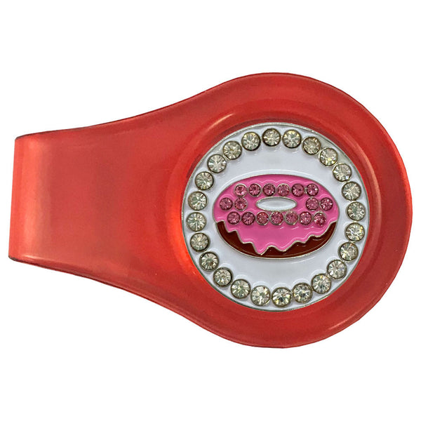 bling pink donut golf ball marker on a magnetic red clip