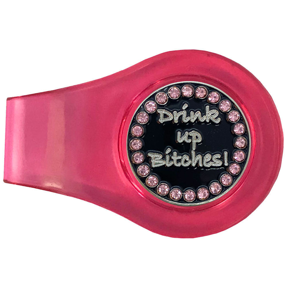 White Drink Up atop a black marker with pink crystal accents on a pink clip. A fun and sassy design for female golfers