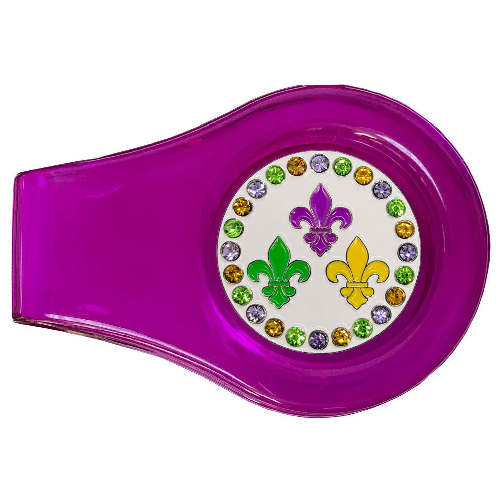Fleur De Lis marker with colorful crystal accents and a purple clip. Cute and sparkly Mardi Gras design for women golfers