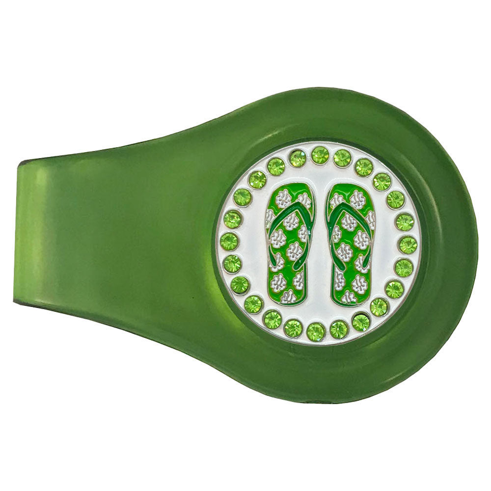 Green Flip Flop marker with green crystal accents and a green clip. Stylish, island casual design ideal for women golfers.