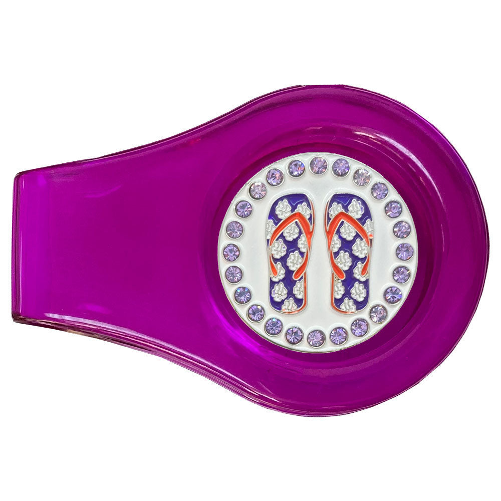 Purple Flip Flop marker with purple crystal accents and a purple clip. Stylish, island casual design ideal for women golfers