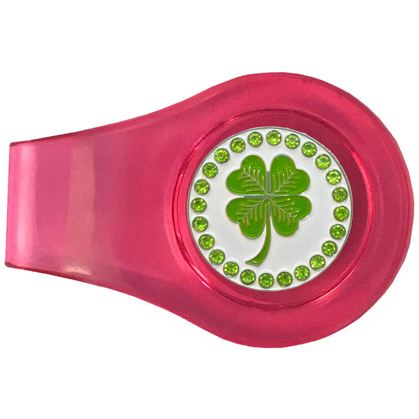 bling four leaf clover golf ball marker on a magnetic pink clip