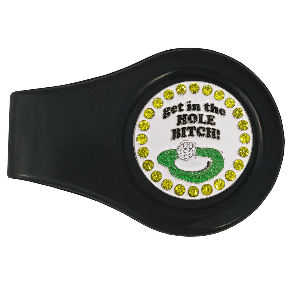Get in the Hole! marker on a black clip. White marker, black print, with crystal accents and a ball Fun design for her.
