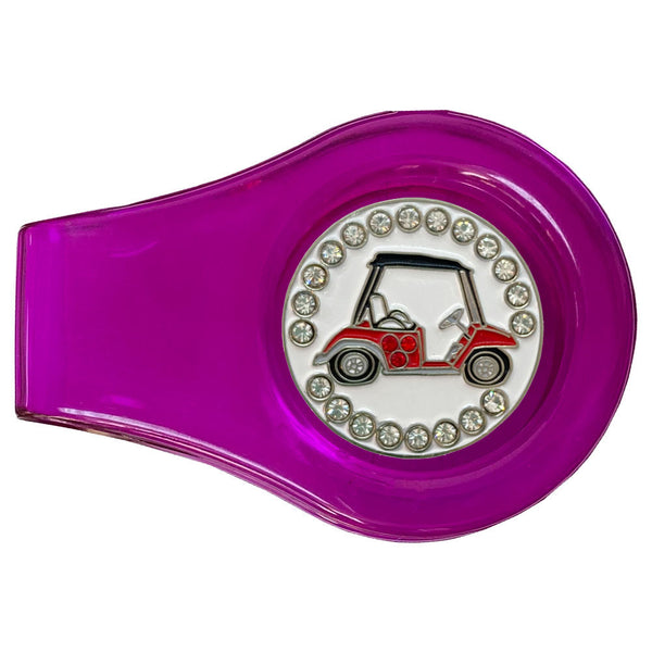 bling red golf cart golf ball marker with a magnetic purple clip