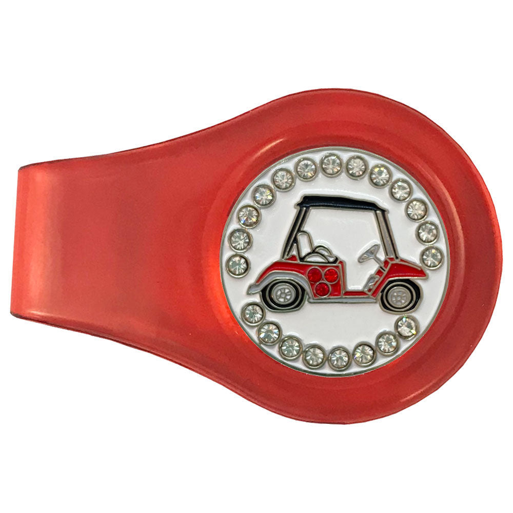 Red and black golf cart marker with crystal accents on a red clip. Women golfers will love taking this fun design for a spin