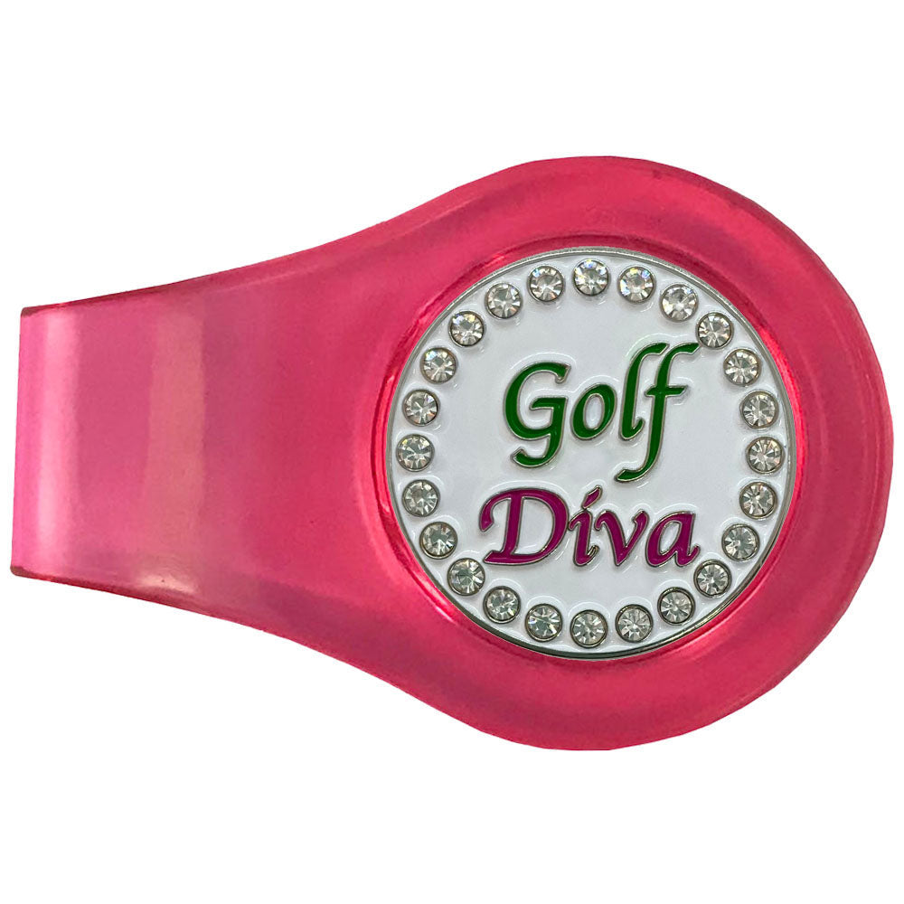 Golf Diva in Pink and Green with crystal accents marker on a pink clip. Divas will sparkle using this marker on the course