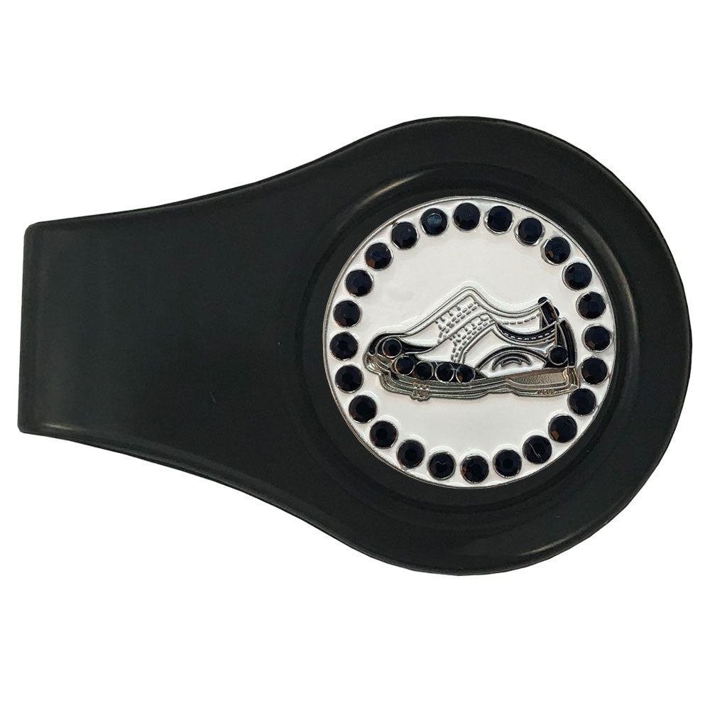 Black and white golf shoes marker with black crystal accents and a black clip. Stylish design is ideal for women golfers