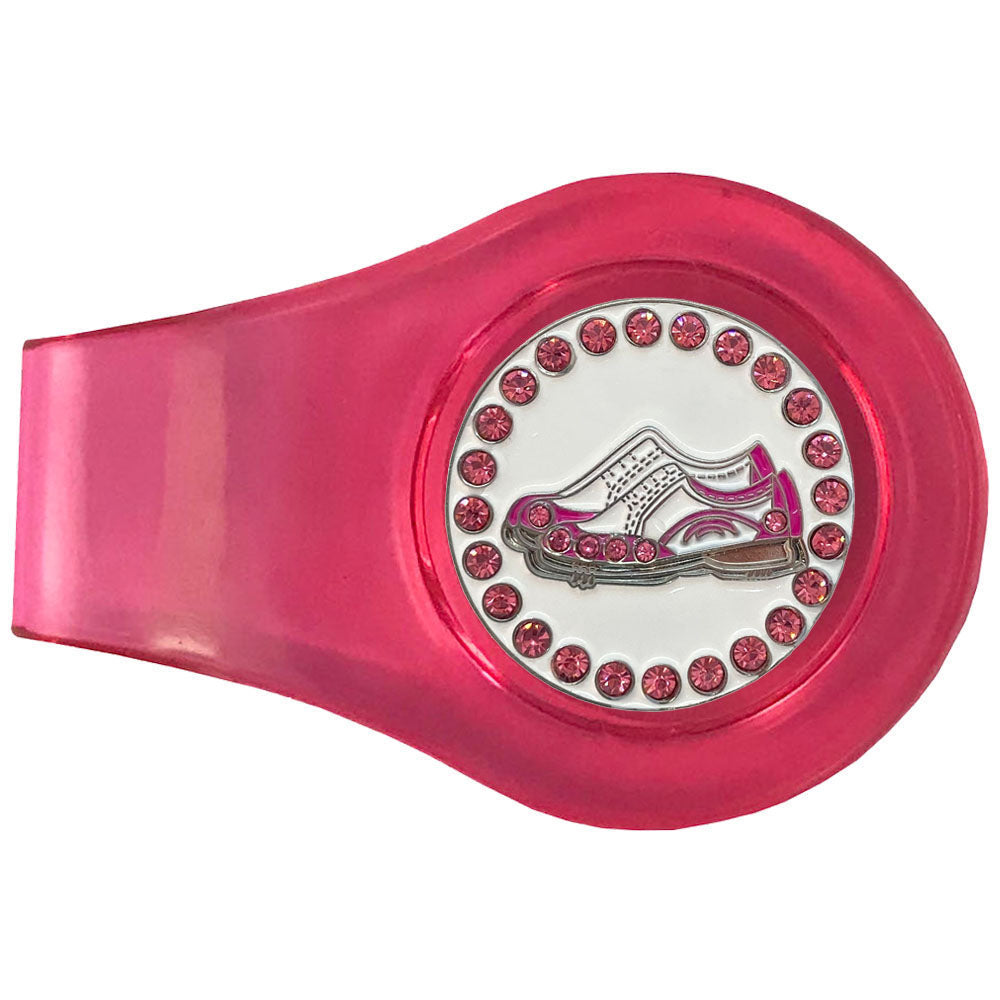 Pink and white golf shoes marker with pretty pink crystal accents. on a pink clip. Stylish design is ideal for women golfers