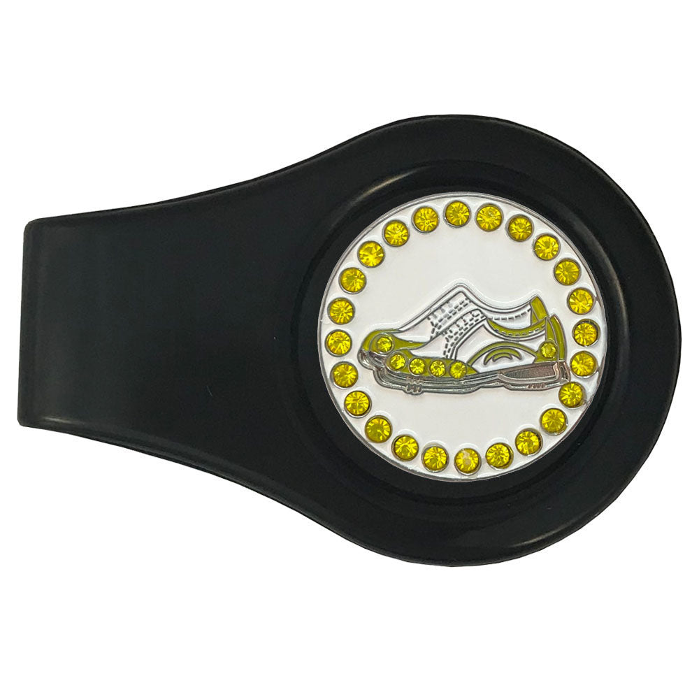 Yellow and white golf shoes marker with yellow crystal accents on a black clip. Stylish design is ideal for female golfers