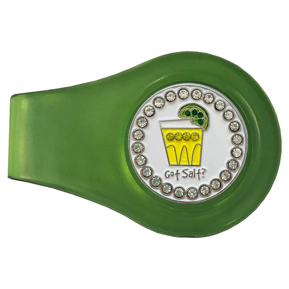Tequila shot with a lime and crystal accents marker on a green clip. Stylish design for women golfers. A shot you can cheer!