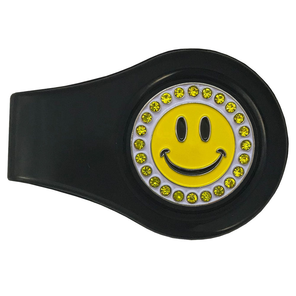 Yellow Happy Face ball marker on a black clip. Bright yellow crystal accents make this Joyful design a must for women golfers