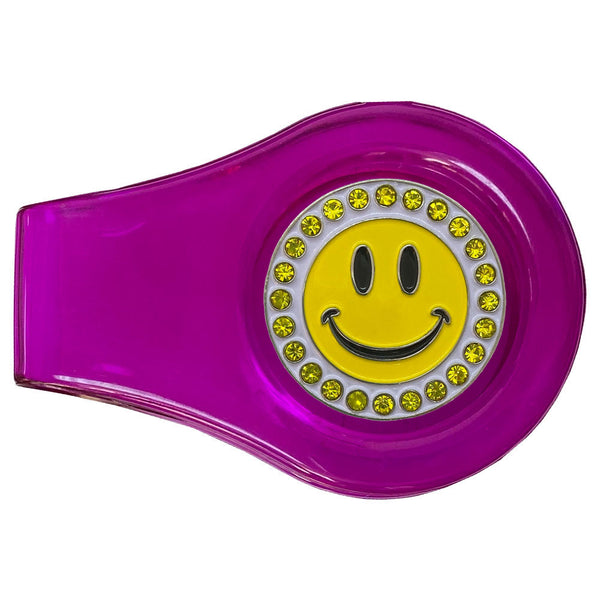 bling smiley face golf ball marker with a magnetic purple clip