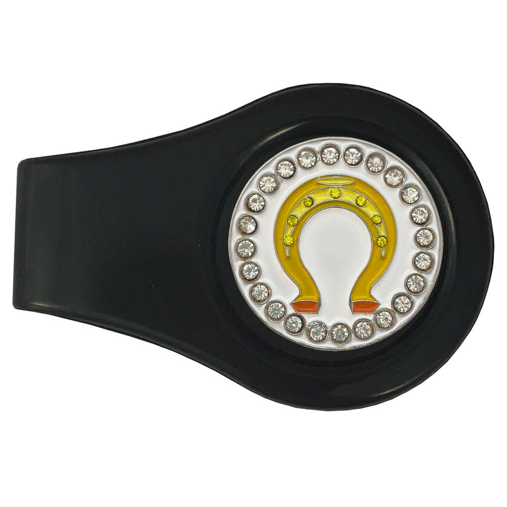 Yellow horseshoe with crystal accents marker on a black clip. Colorful design for cowgirls and women golfers. Yee-haw