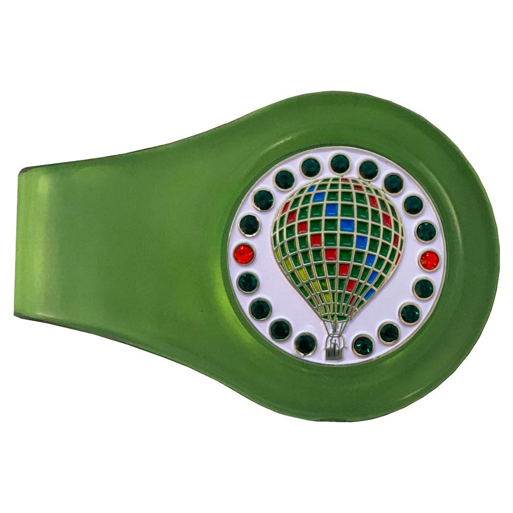 Colorful Hot Air Balloon with crystal accents marker on a green clip. Sparkly design for women golfers. Going Up?