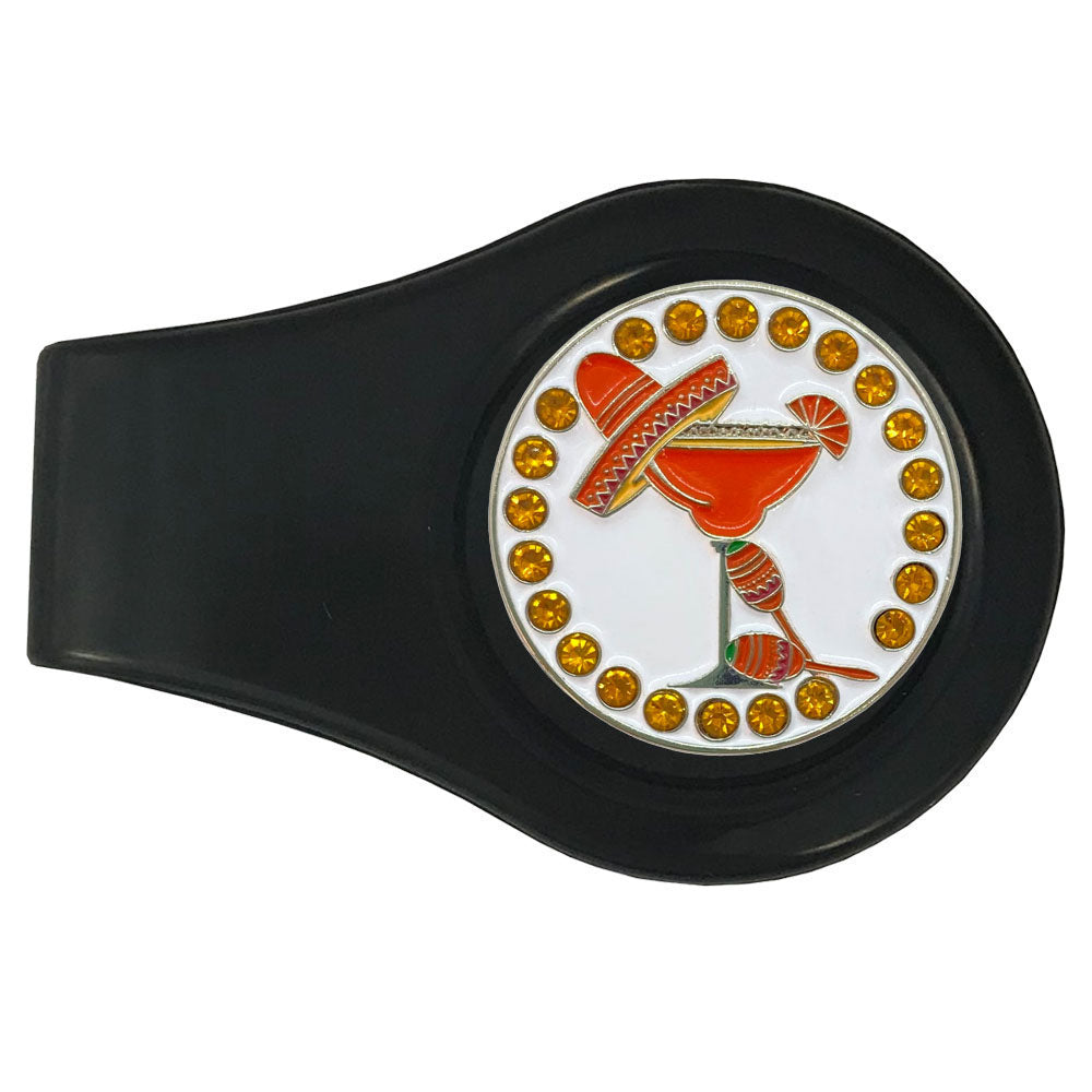 Festive Mango Margarita with orange bling accents marker on a black clip. Sparkly design is ideal for women golfers. Arriba!