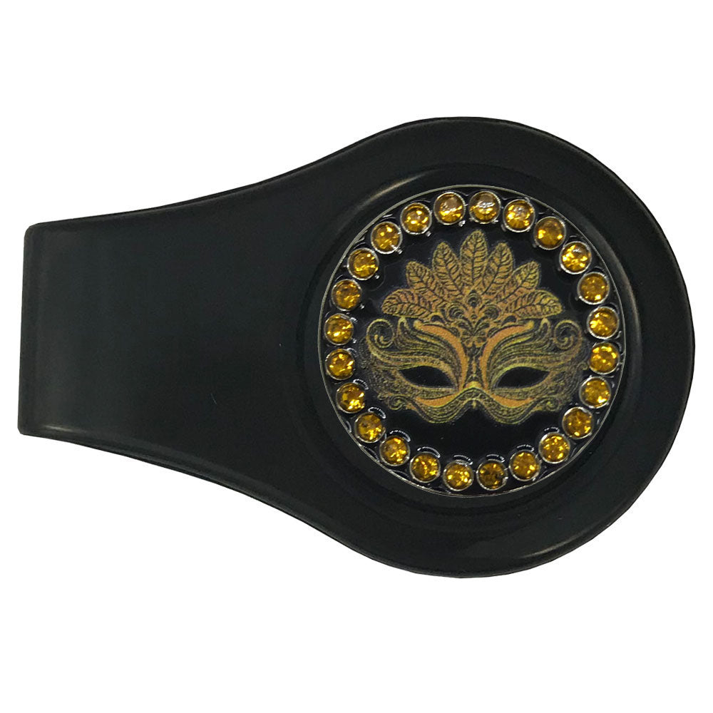 Black marker with a Golden mask and crystal accents on a black clip. Unique design is ideal for women golfers and golf balls.