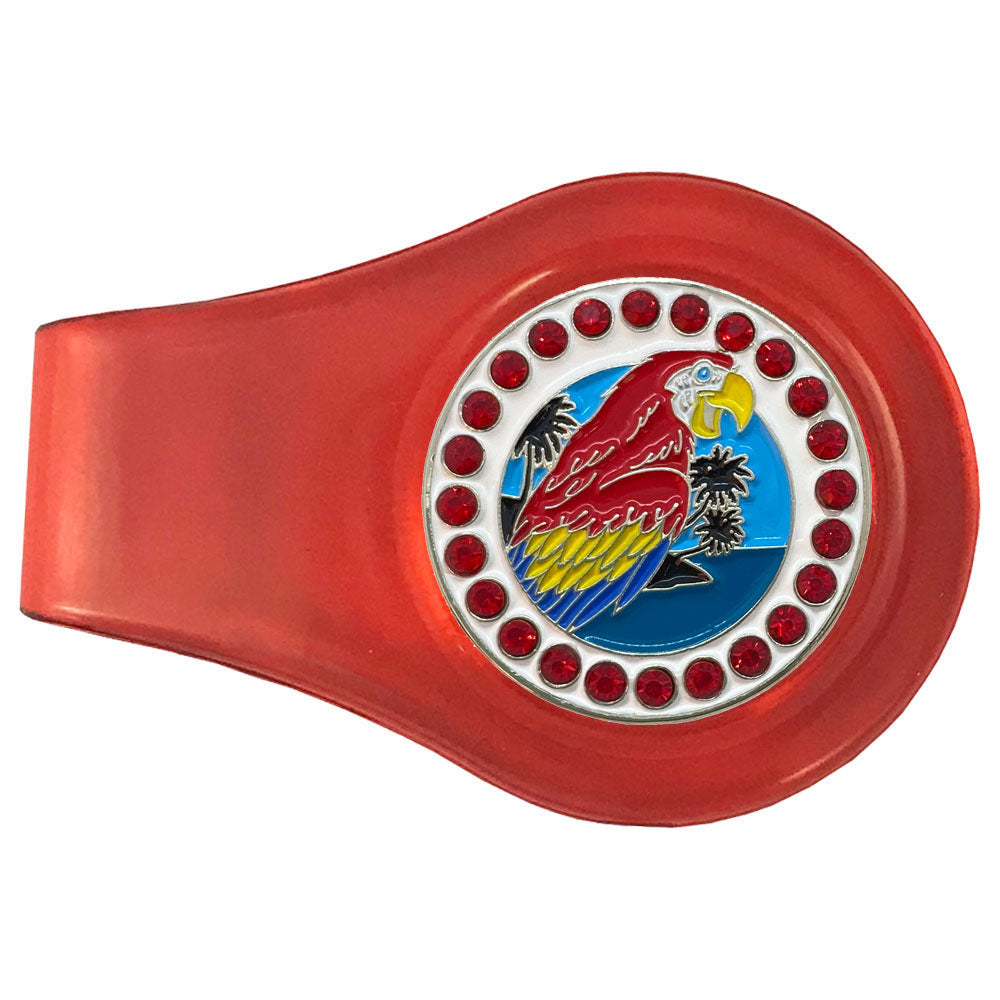 Colorful Parrot with fiery red crystal accents marker on a red clip. Cute design is ideal for women golfers who love birdies.