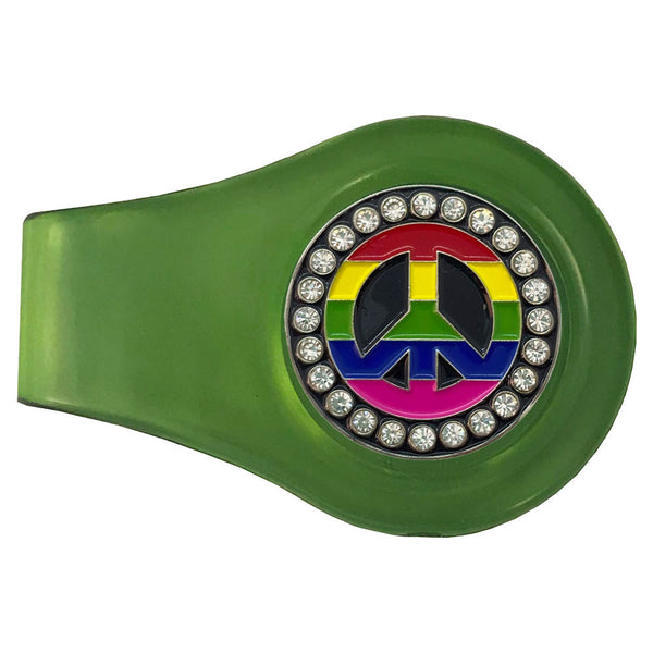 bling rainbow peace sign golf ball marker with a magnetic green clip