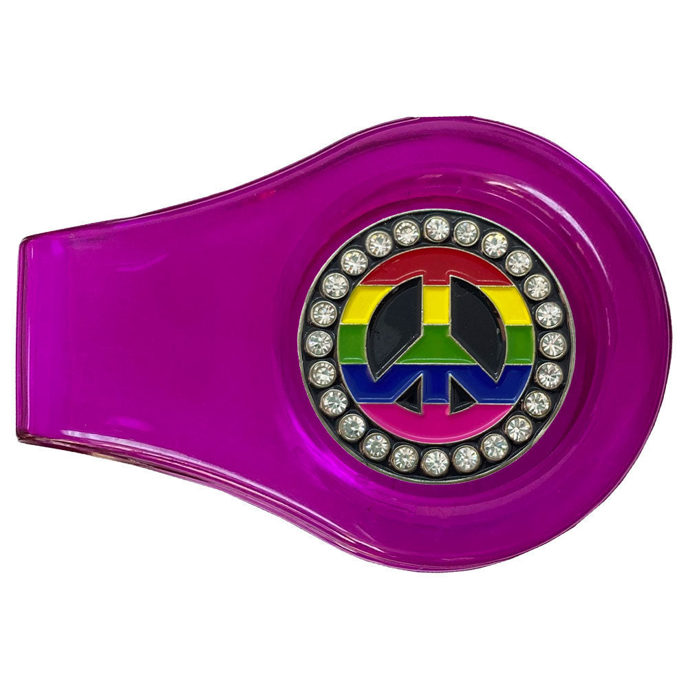 Rainbow Peace Sign with crystal accents marker on a purple clip. Colorful design is ideal for Groovy women golfers. Far out!