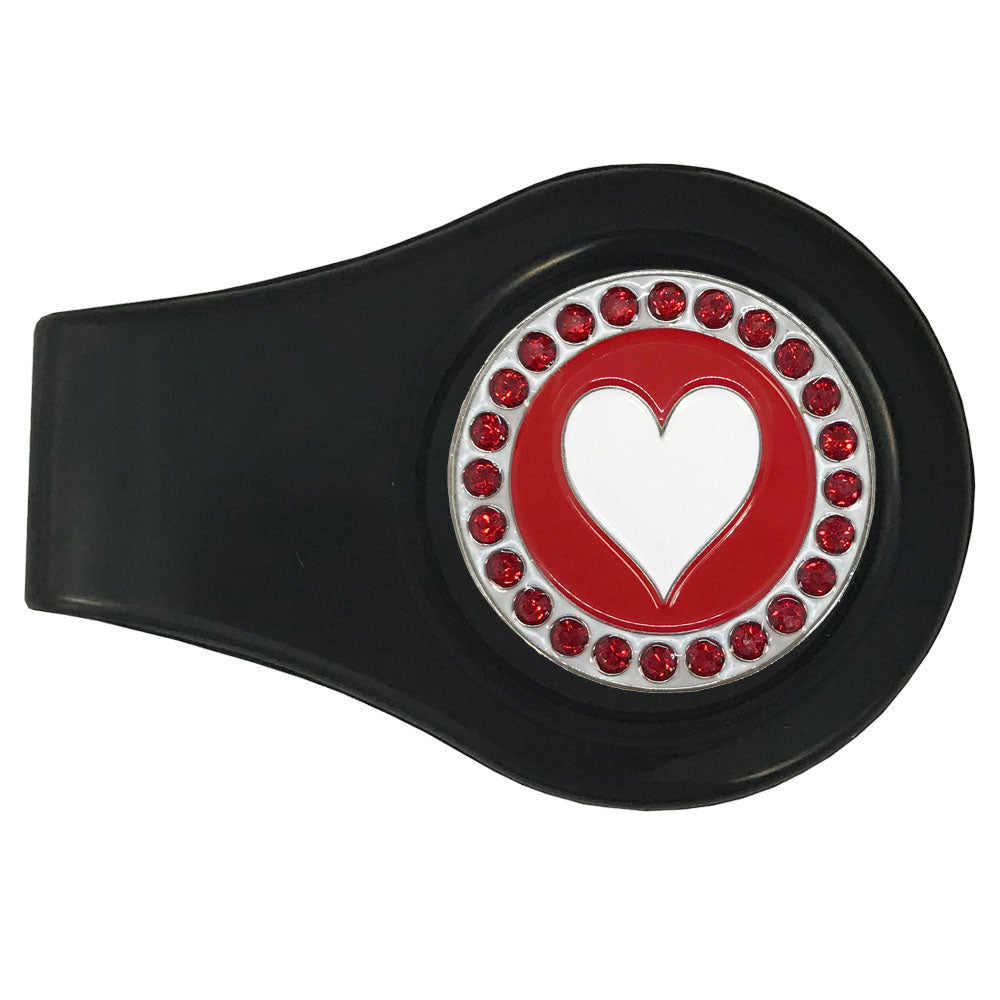 Red crystals accent this Poker heart marker on a black clip. Stylish design more than suitable for women golfers. Go all in!