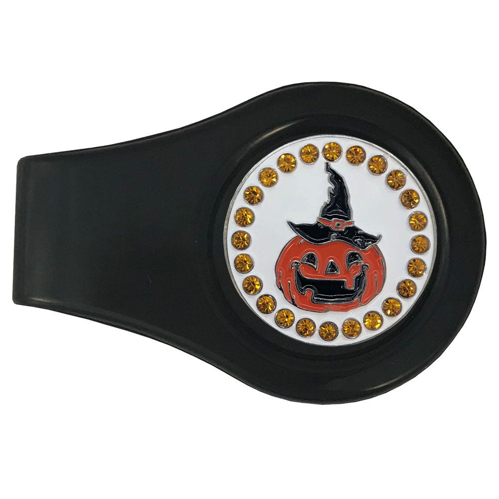 Orange and black cute pumpkin with orange crystal accents marker on a black clip. Scary how much women golfers will enjoy it