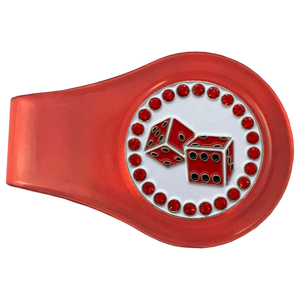 Red dice rolling on a white marker with vibrant red crystal accents on a red clip. A sparkly design for female golfers