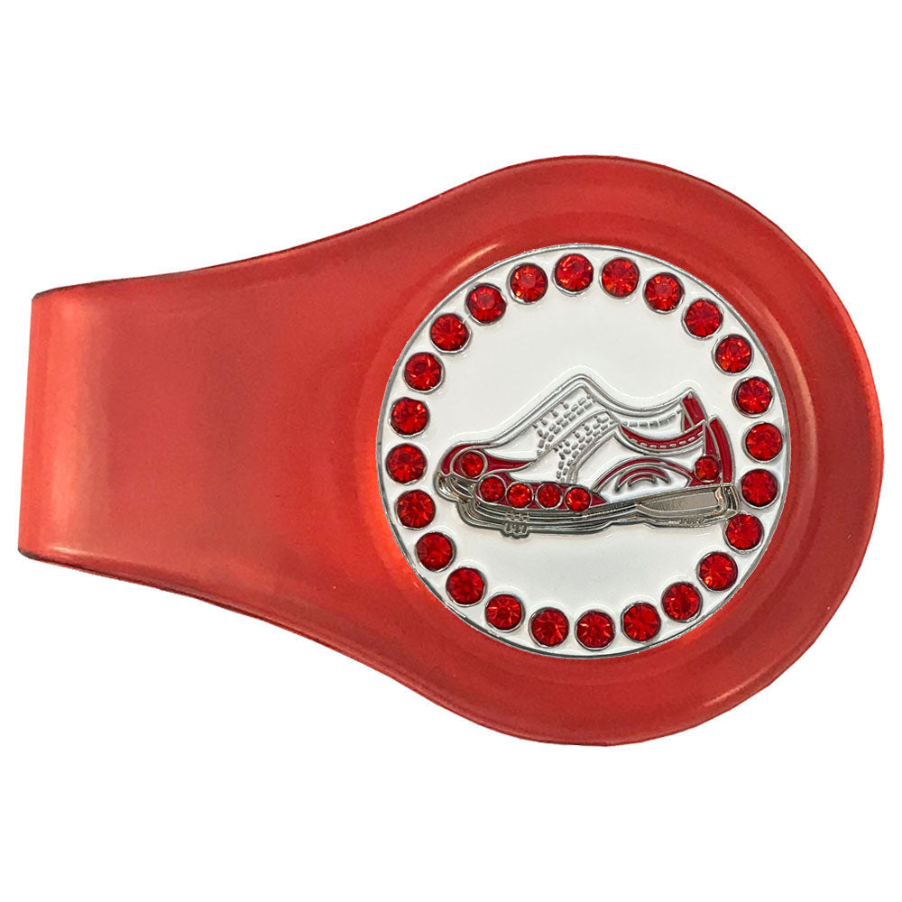 Red and white golf shoes marker with luscious red rhinestone accent on a red clip. Stylish design is ideal for female golfers