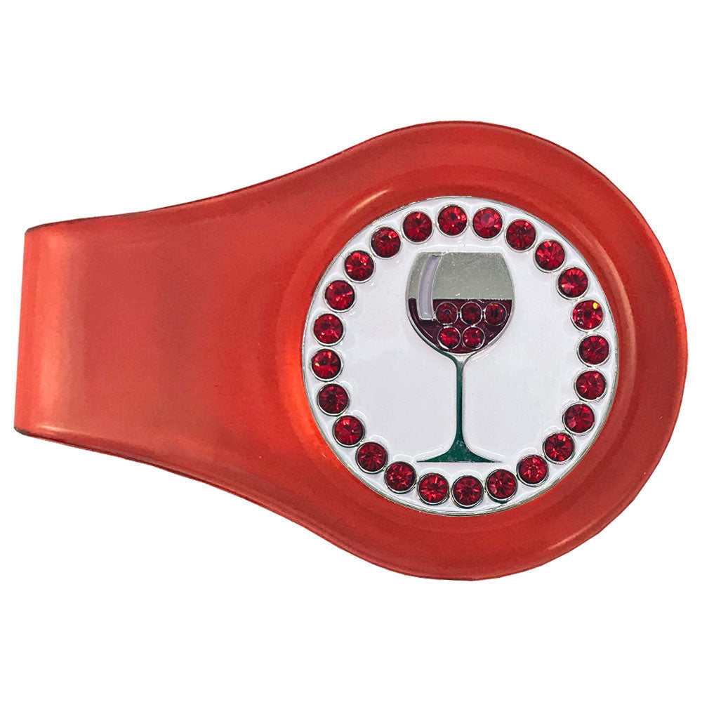 A tasty glass of red wine with red crystal accent marker on a red clip. Ideal for women golfers who love to sparkle! Cheers