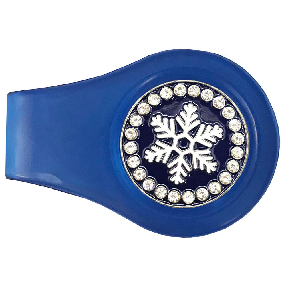 Blue marker with festive white snowflake and crystal accents on a blue clip. Ideal design for women golfers. Let it snow!