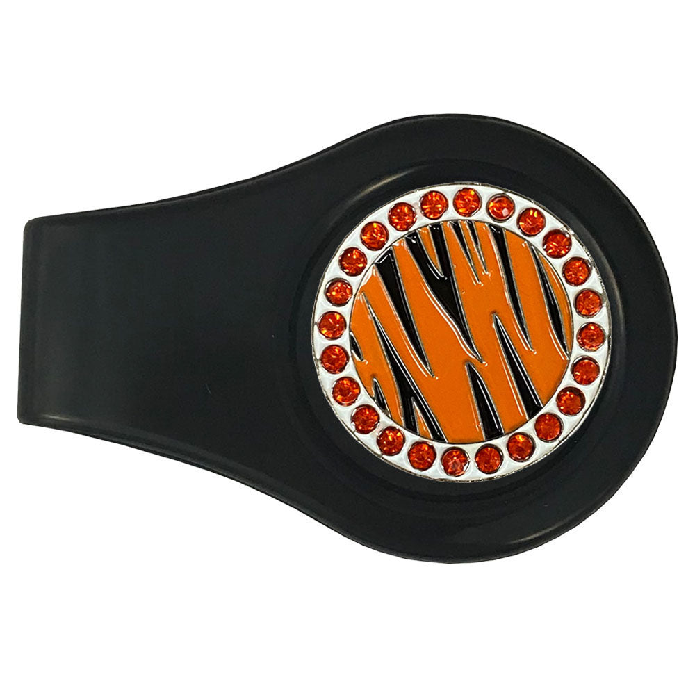 orange and black marker with orange crystal accents on a black clip. Sparkly design is ideal for women on the hunt for par