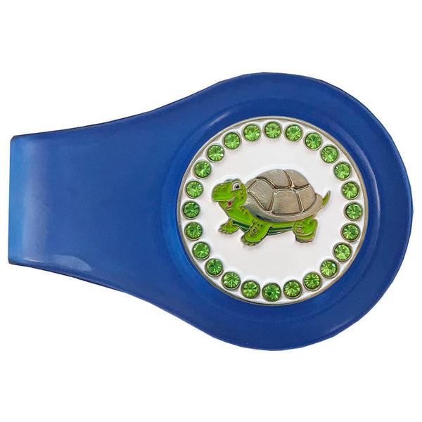 bling green turtle golf ball marker with a magentic blue clip