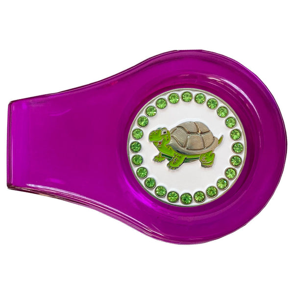 bling green turtle golf ball marker with a magentic purple clip