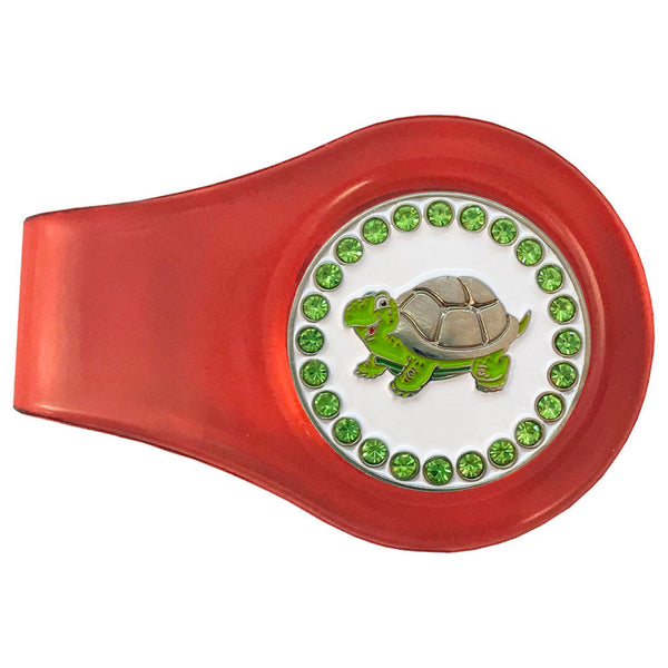 bling green turtle golf ball marker with a magentic red clip