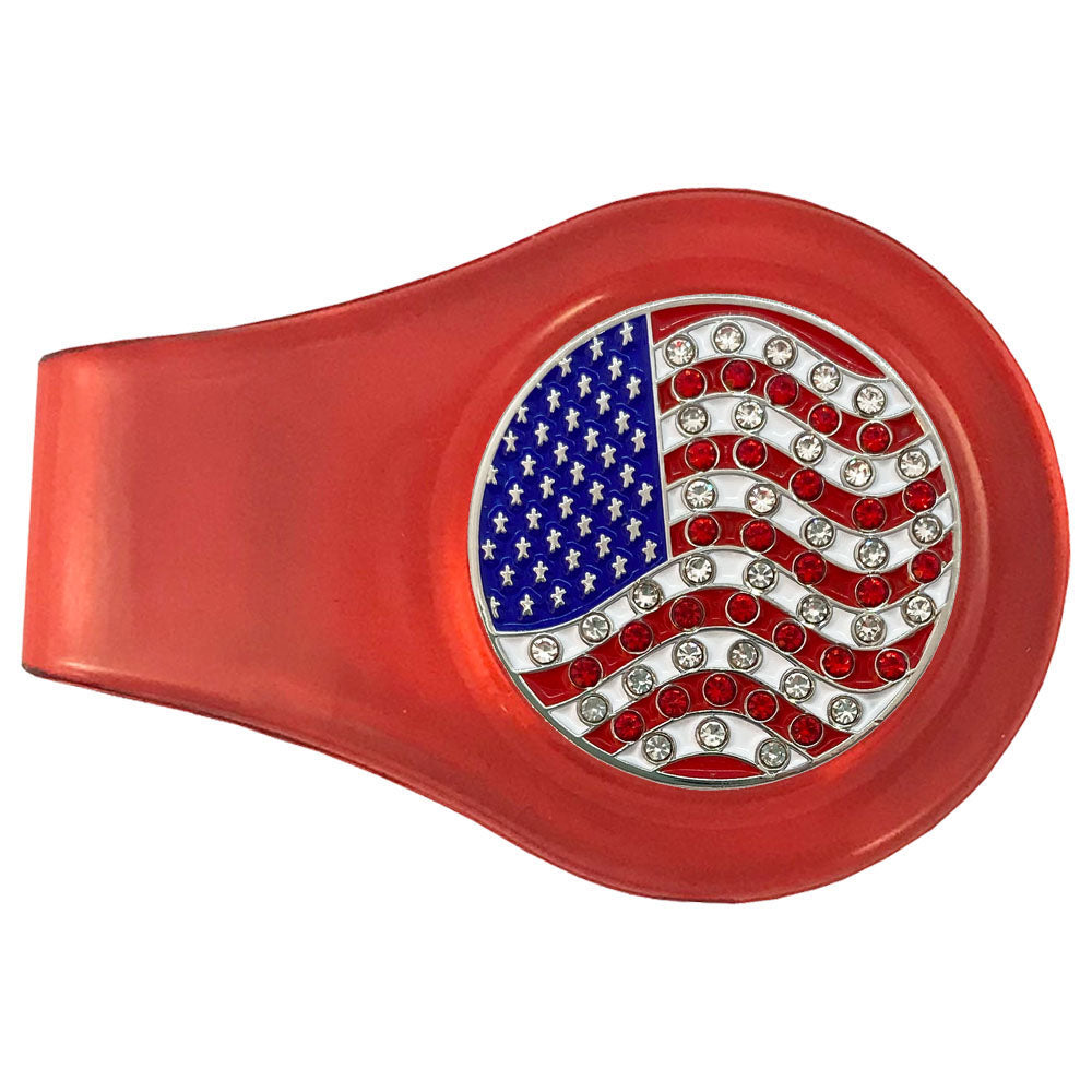 Red, White and Blue with crystal accents marker on a red clip. This patriotic design is a must for women golfers