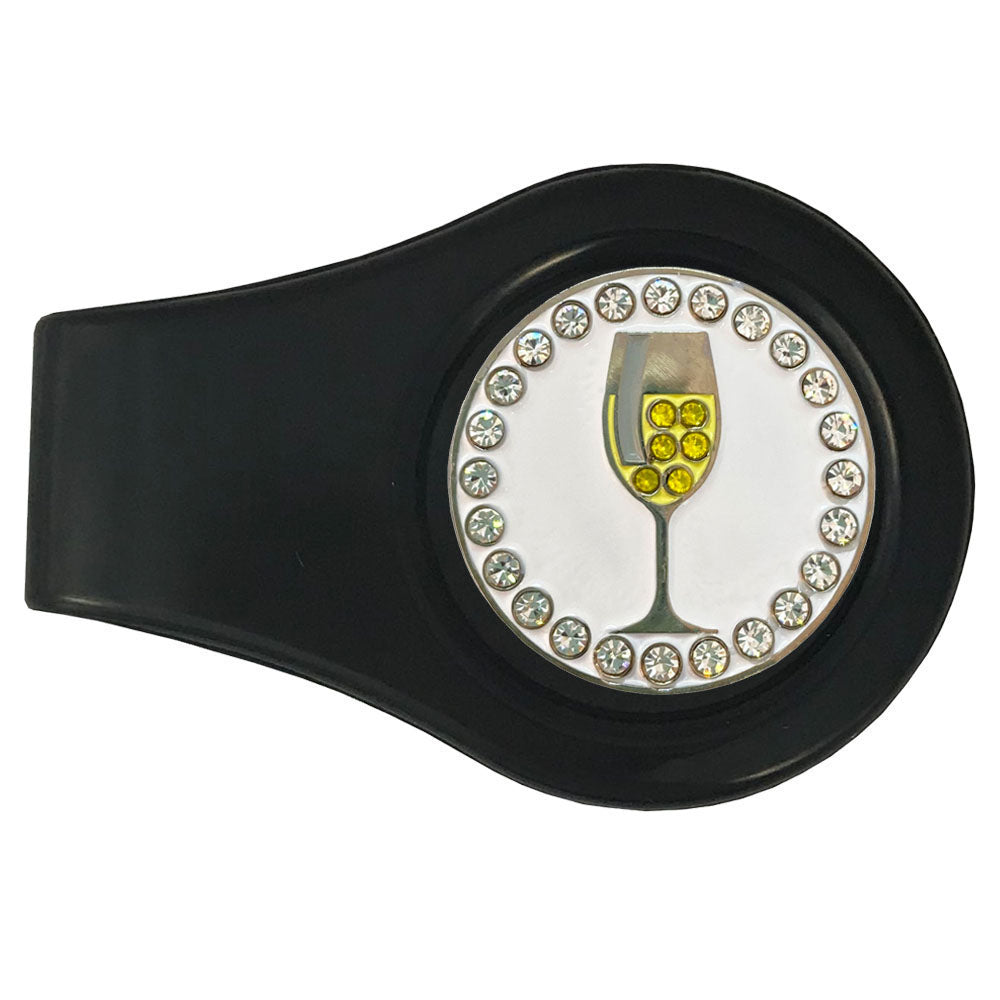 A tasty glass of white wine with crystal accents marker on a black clip. Ideal for women golfers who love to sparkle! Cheers