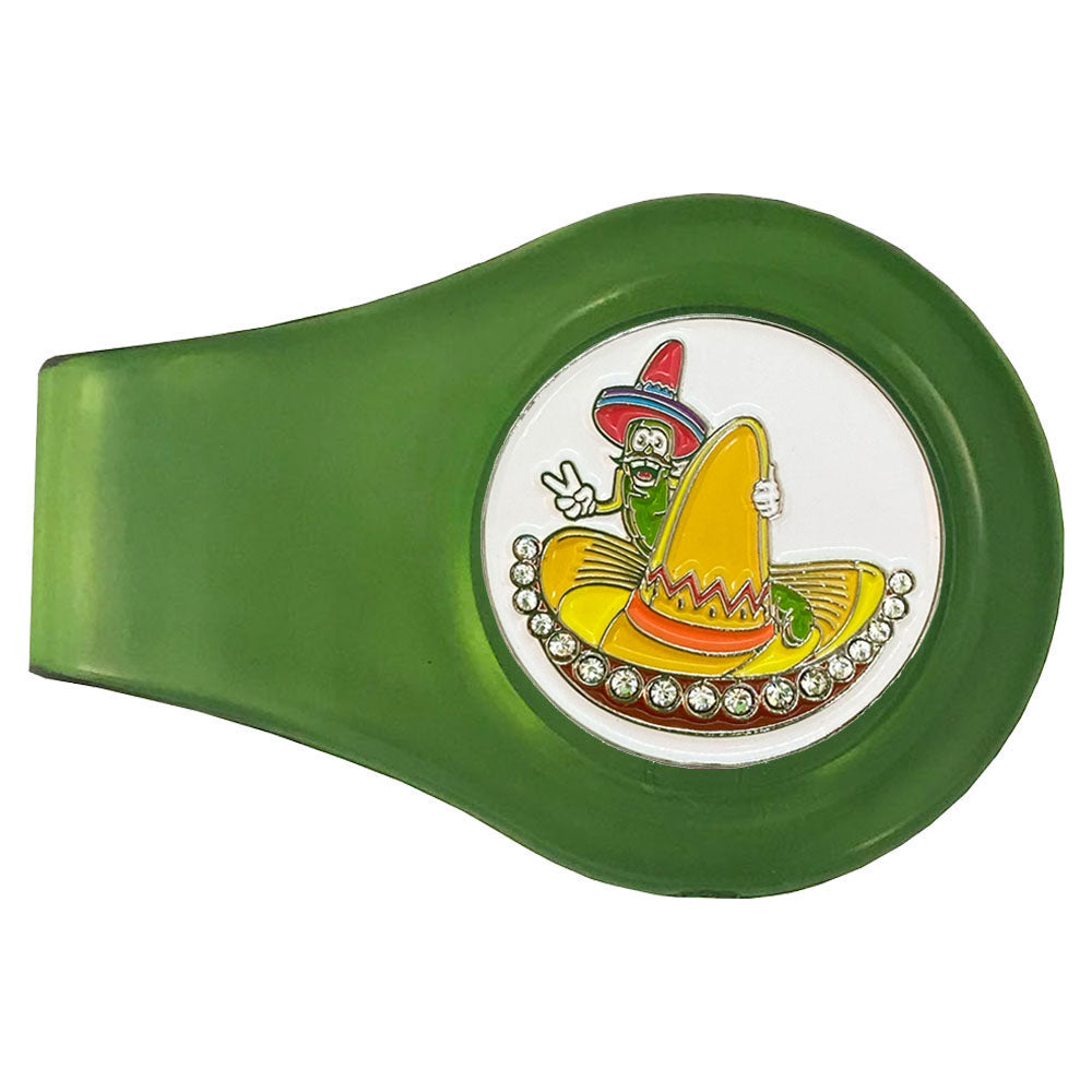 Colorful Worm and Sombrero with bling accents marker on a green clip. Fun design for women golfers who love a fiesta. Ole´.