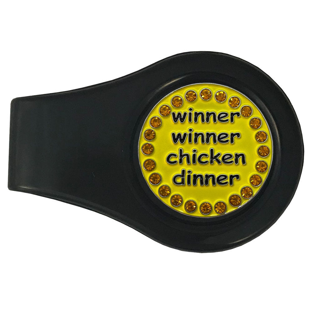 Yellow marker with black print and golden crystal accents on a black clip. Ideal for women golfers who like winning.