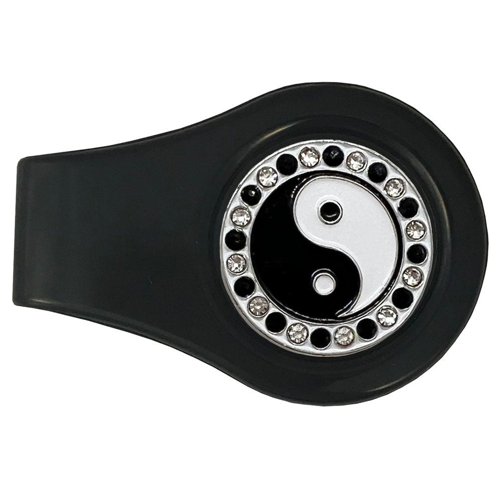 Black and white Yin Yang with crystal accents on a black clip. Sparkly marker for women who know balance is the key to golf.