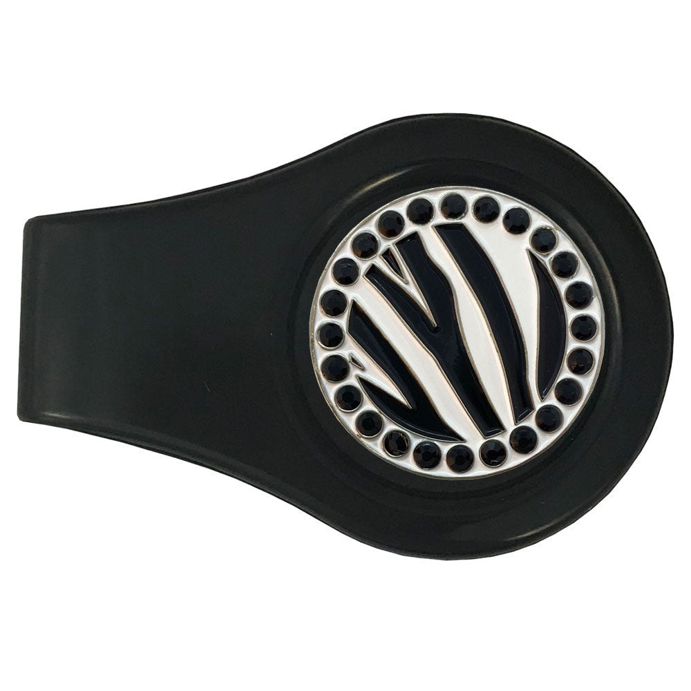 Black and white Zebra Stripes with crystal accents on a black divot tool. Stylish marker for women who are wild about golf