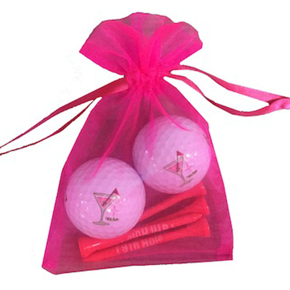 19th Hole golf ball and tees set featuring a classic design. Includes 2 golf balls and 4 tees, perfect for women golfers.