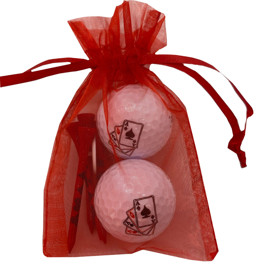 Playful 4 Aces golf ball and tees set. Fun for Vegas themed tournaments. Perfect for women golfers. Cute packaging. Shop now!