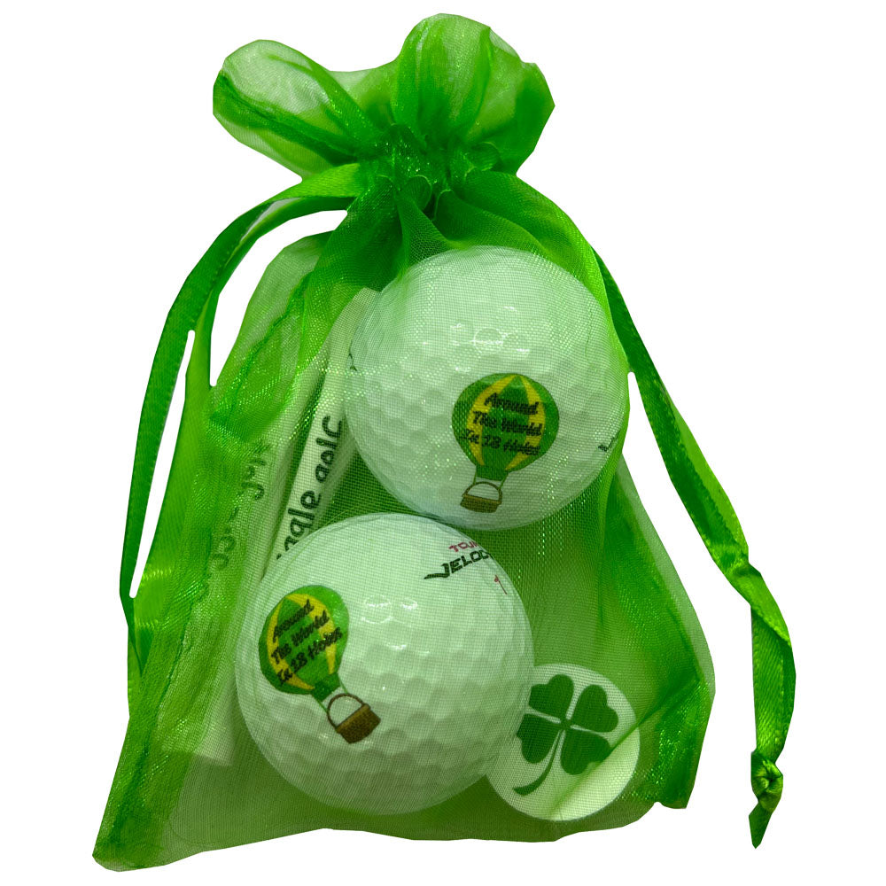 Around the World in 18 Holes golf ball and tees set. Fun and unique accessory set for women golfers. Cute packaging. Shop now